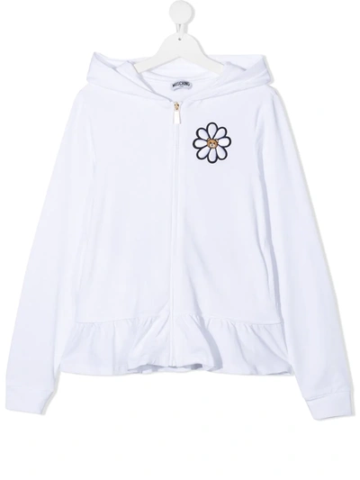 Shop Moschino Teen Flower Embroidery Zip-up Hoodie In White