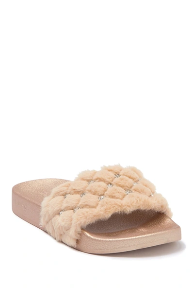 Shop Bebe Faryn Embellished Faux Fur Slide Sandal In Gold