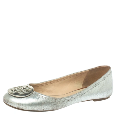Pre-owned Tory Burch Silver Leather Reva Scrunch Ballet Flats Size 39