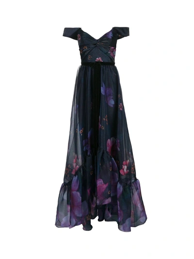 Shop Marchesa Notte Off-the-shoulder Floral Print Organza Gown In Blue