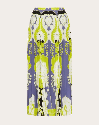 Shop Valentino Crepe De Chine Pleated Skirt With Print In Cloud/multicolor