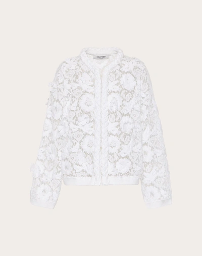 Shop Valentino Cardigan In Cotton And Embroidered Lace In White
