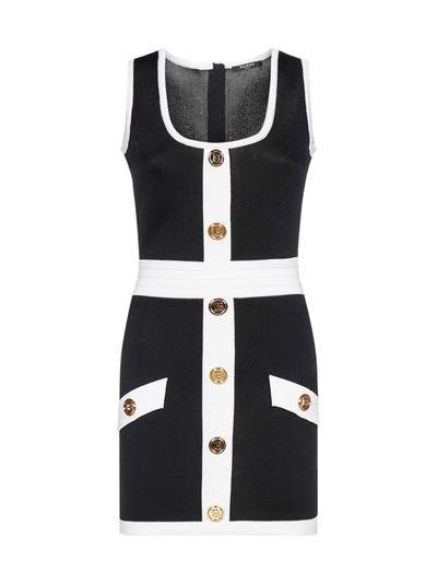 Shop Balmain Buttoned Viscose Knit Mini Dress In Noir Blanc