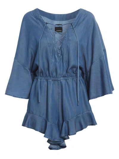Pinko Ruffle-trim Lace-up Chambray Playsuit In Blue