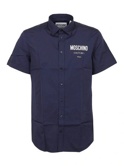 Shop Moschino Short Sleeved Cotton Shirt In Dark Blue