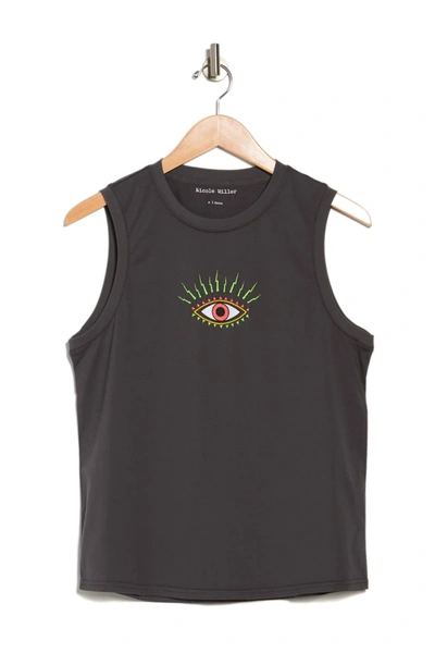 Shop Nicole Miller Evil Eye Embroidery Muscle T-shirt In Charcoal
