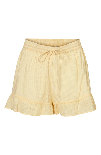 Shop Vero Moda Haddy Woven Ruffle Shorts In Snow White/banana Cream Checks