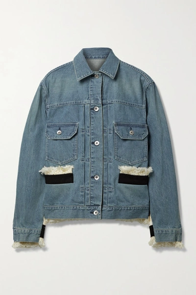 Shop Sacai Fringed Canvas-trimmed Tweed And Denim Jacket In Light Denim