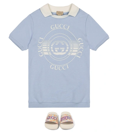 Shop Gucci Logo Cotton Sweatshirt Dress In Blue