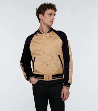 Shop Saint Laurent Teddy Varsity Flammé Satin Jacket In Gold