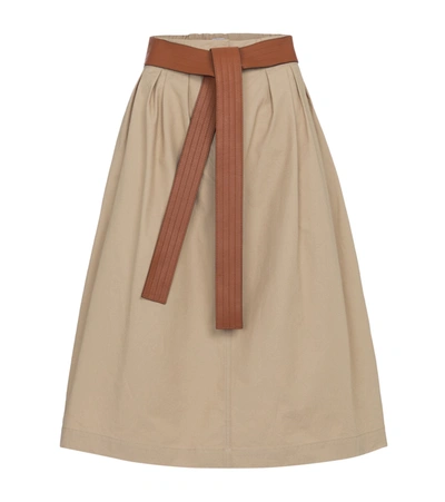 Shop Loewe High-rise Cotton Poplin Midi Skirt In Beige
