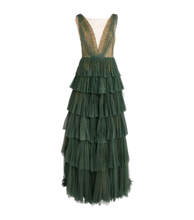 Shop Marchesa Tulle Beaded Plunge-neck Gown