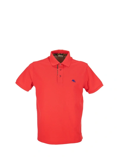 Shop Etro Piquet Polo Shirt With Embroidered Pegaso In Coral