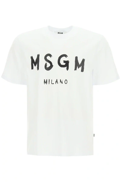 Shop Msgm Paint Brushed Logo T-shirt In White,black