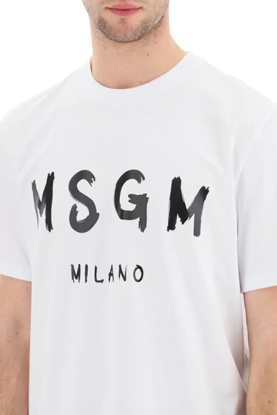 Shop Msgm Paint Brushed Logo T-shirt In White,black