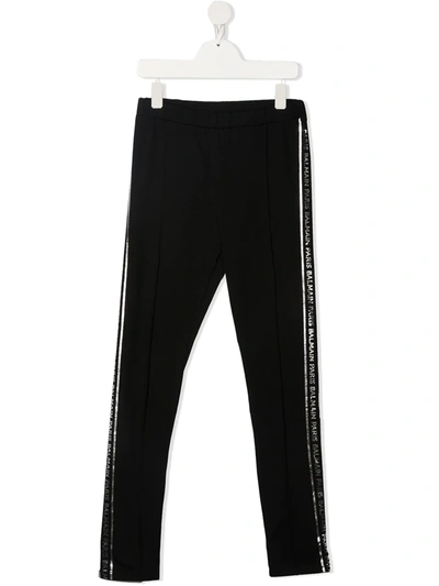 Shop Balmain Teen Logo Tape Cotton Leggings In Black