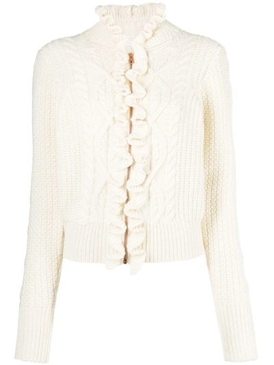 Shop See By Chloé Ruffle-trim Cable-knit Cardigan In White