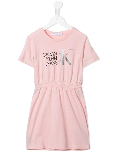 Shop Calvin Klein Foil Logo Print Slip-on Dress In Pink