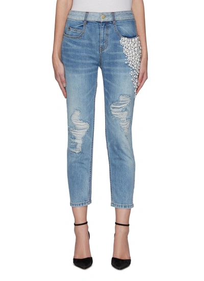 Shop Hellessy Yang' Pearl Embellished Distressed Jeans In Blue