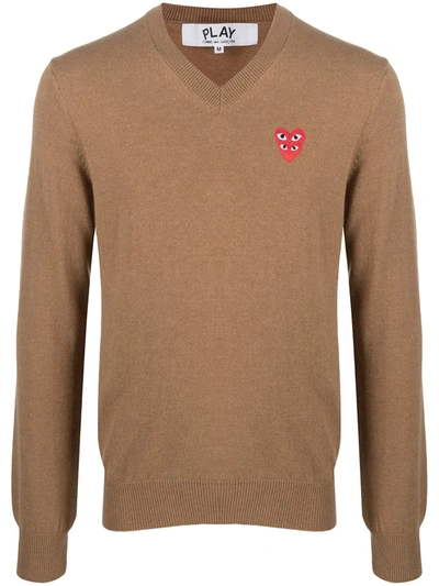 Shop Comme Des Garçons Play Fine Knit Sweater With Logo Patch In Neutrals