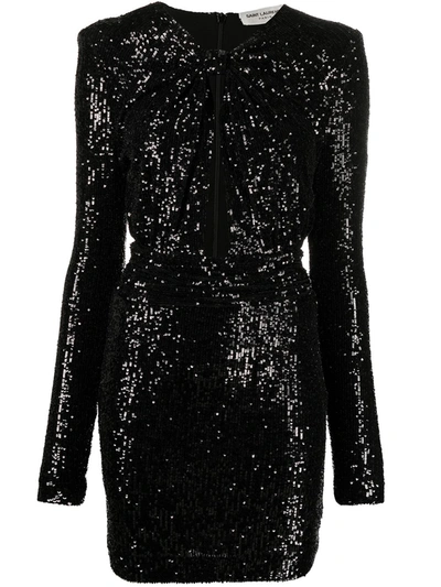 Shop Saint Laurent Sequined Long-sleevee Mini Dress In Black