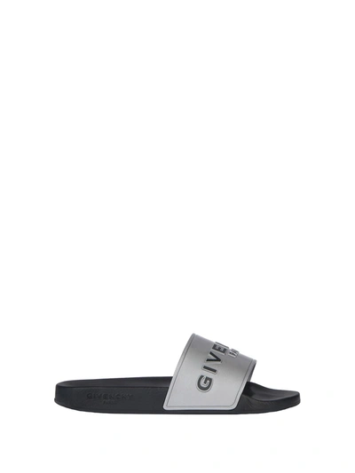 Shop Givenchy Logo Print Slides In Silvery