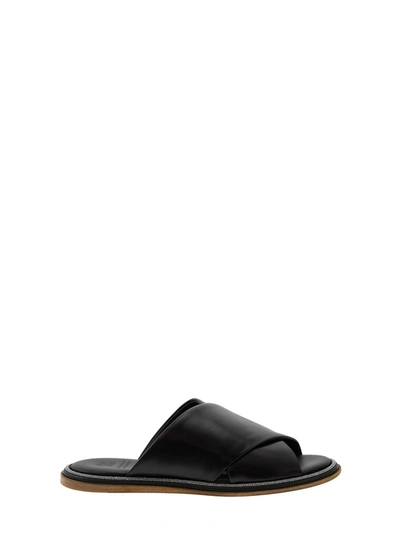 Shop Brunello Cucinelli Nappa Leather Slides With Precious Edge Strap Black