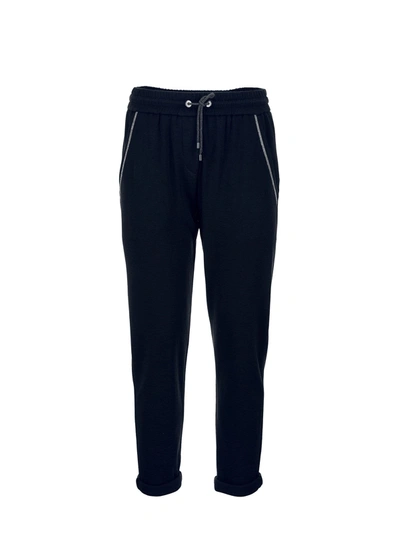 Shop Brunello Cucinelli Cotton And Silk French Terry Trousers With Shiny Pocket In Navy Blue