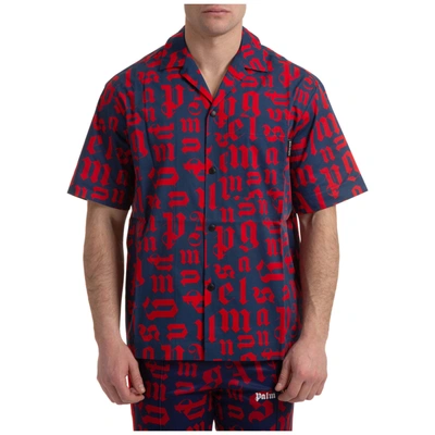 Shop Palm Angels Monogram Short Sleeve Shirts In Navy Blue - Red