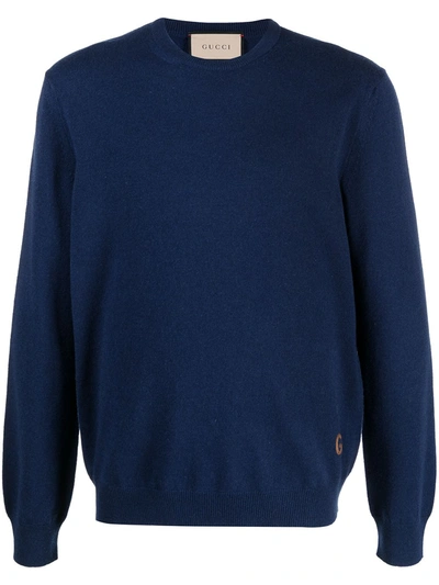Shop Gucci Embroidered Logo Cashmere Jumper In Blue