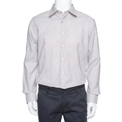Pre-owned Balmain Cream & Brown Striped Cotton Button Front Slim Fit Two Ply Shirt L