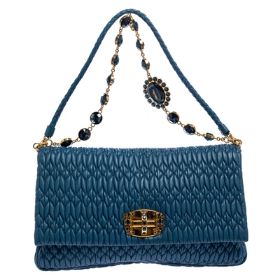 Pre-owned Miu Miu Blue Matelass&eacute; Leather Crystal Flap Shoulder Bag