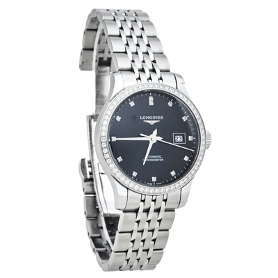 Pre-owned Longines Black Stainless Steel Diamonds Record L2.321.0.57.6 Women's Wristwatch 30 Mm