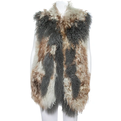 Pre-owned Just Cavalli Multicolor Leather & Fur Sleeveless Open Front Jacket S In Grey