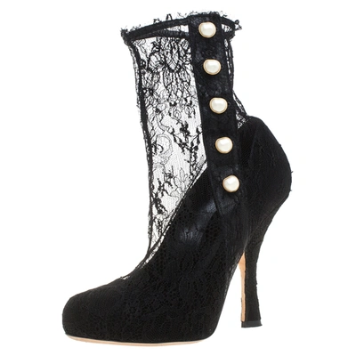 Pre-owned Dolce & Gabbana Dolce And Gabbana Black Lace Pearl Embellished Socks Boots Size 38