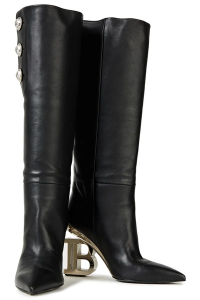 Shop Balmain Nelly Embellished Textured-leather Knee Boots In Black