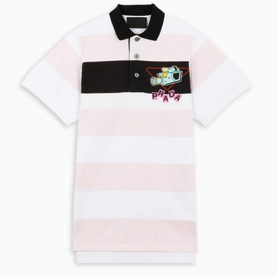 Shop Prada Pink Striped Polo Shirt In White
