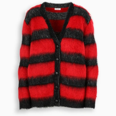 Shop Saint Laurent Striped Mohair Cardigan In Red