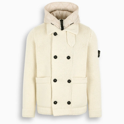 Shop Stone Island Butter Coloured Double-breasted Cardigan Fw20 In White