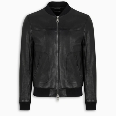 Shop Dolce & Gabbana Leather Logo Bomber Jacket In Black