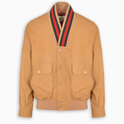 Shop Gucci Web Collar Bomber Jacket In Beige