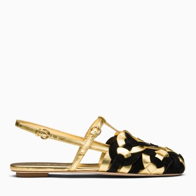 Shop Prada Black And Gold Woven Sandals In Metal