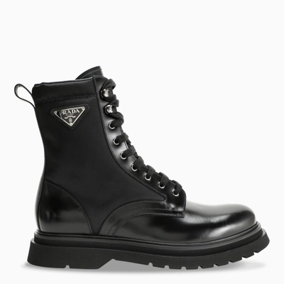 Shop Prada Black Leather And Fabric Combat Boots