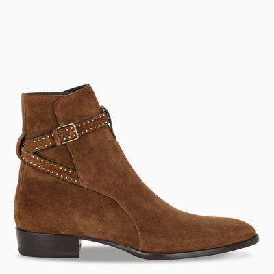 Shop Saint Laurent Brown Leather Wyatt 30 Ankle Boots In Beige