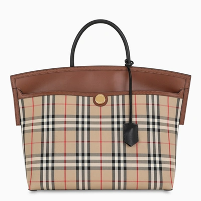 Shop Burberry Society Bag With Vintage Check Motif In Beige