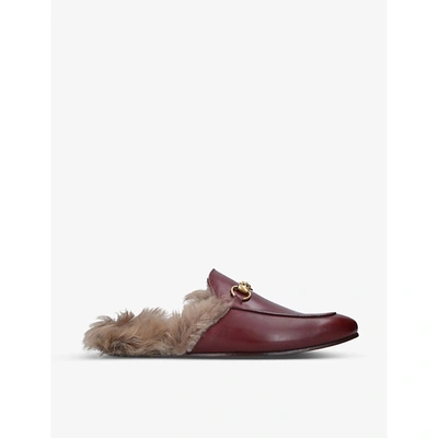Shop Gucci Princetown Leather Fur Lined Mules In Wine