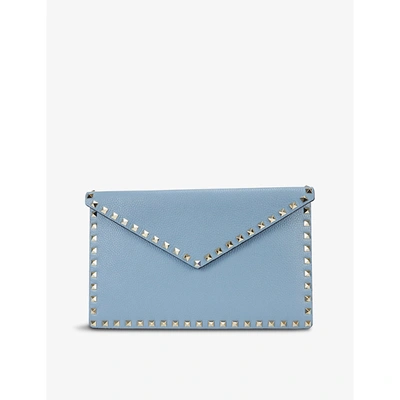 Shop Valentino Rockstud Leather Envelope Clutch Bag In Niagara Blue