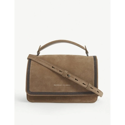 Shop Brunello Cucinelli Bead-embellished Suede Shoulder Bag In Ice