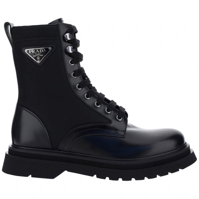 Shop Prada Men's Leather Combat Boots In Black