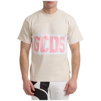 Shop Gcds Men's Short Sleeve T-shirt Crew Neckline Jumper Band Logo In Beige